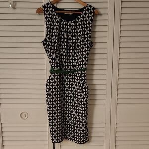 Ricki's Black and White Geometric Midi Dress with Green Belt